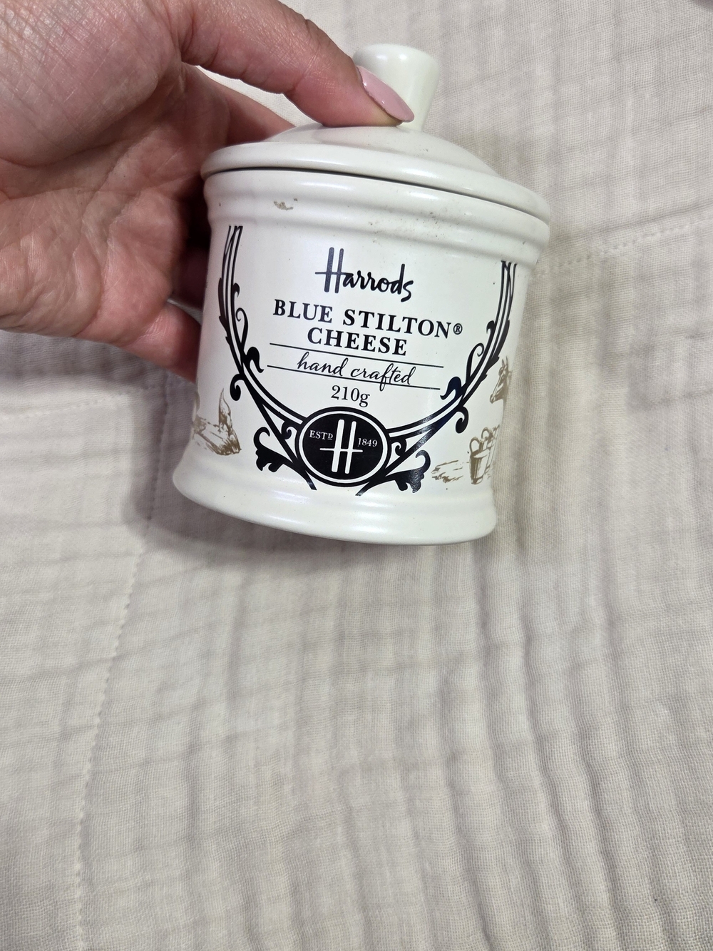 Harrods White Ceramic Blue Stilton Cheese Jar with Lid